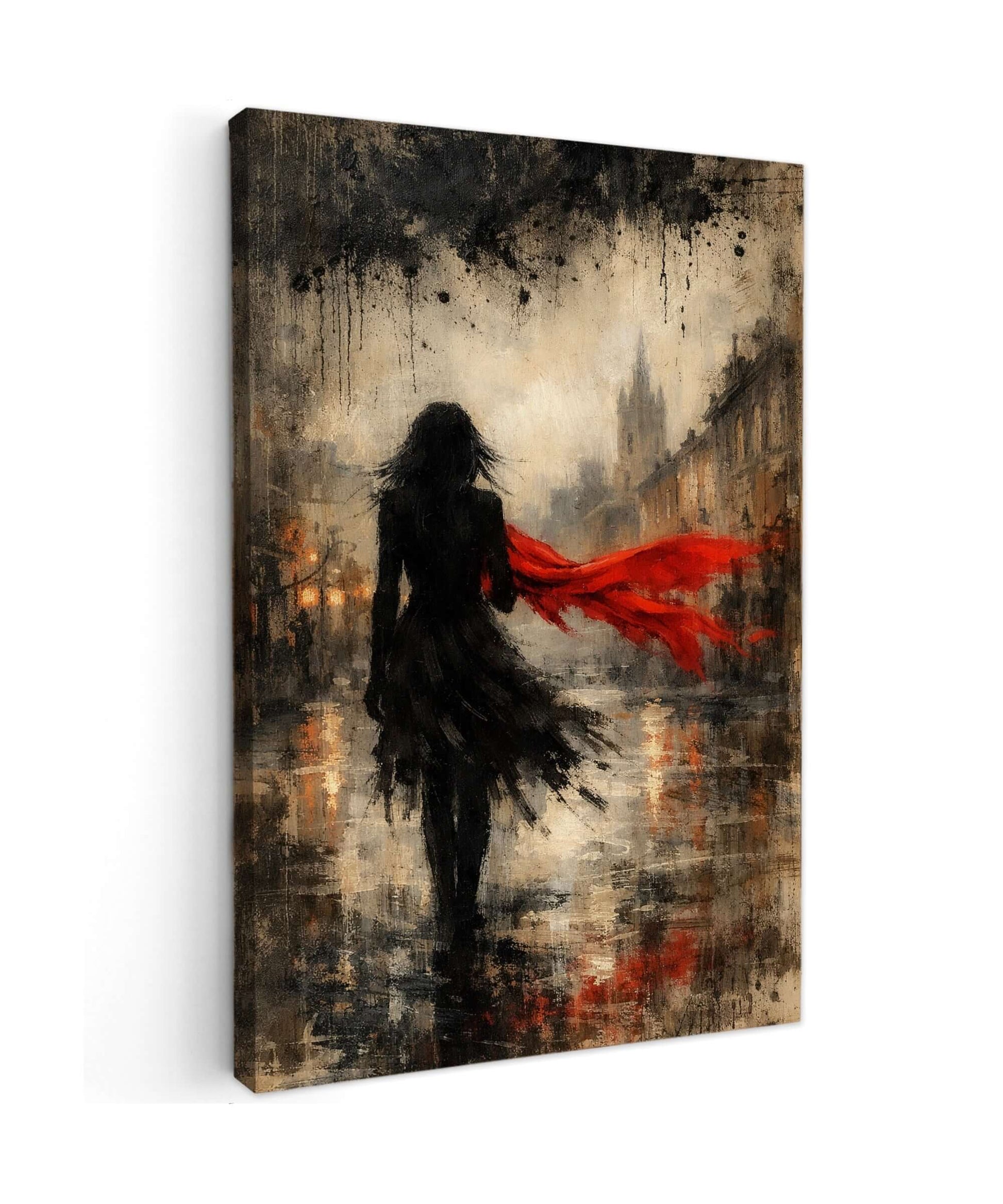 Canvas Schilderij Vrouw met Rode Sjaal Regenstad
