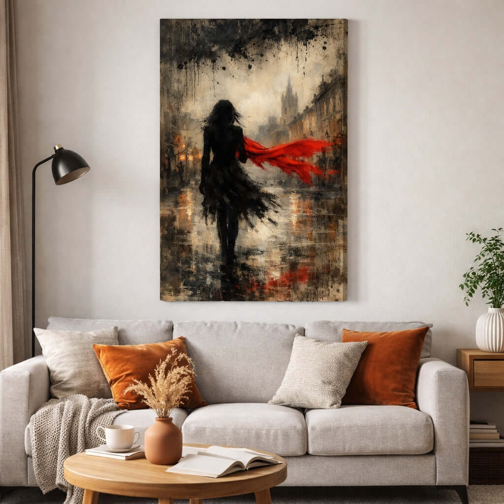 Canvas Schilderij Vrouw met Rode Sjaal Regenstad woonkamer