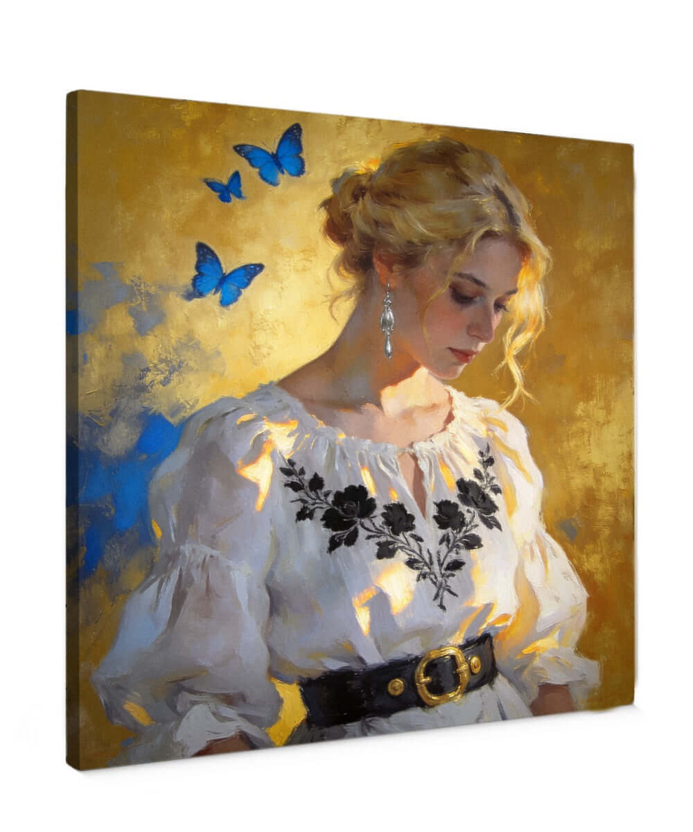 Canvas Schilderij Vrouw met Vlinders Gouden Achtergrond