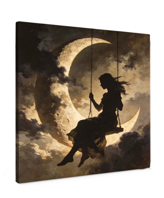 Canvas Schilderij Vrouw op Maan Schommel Silhouet