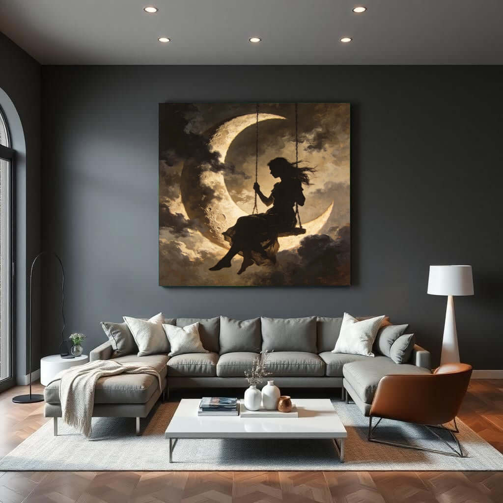 Canvas Schilderij Vrouw op Maan Schommel Silhouet woonkamer