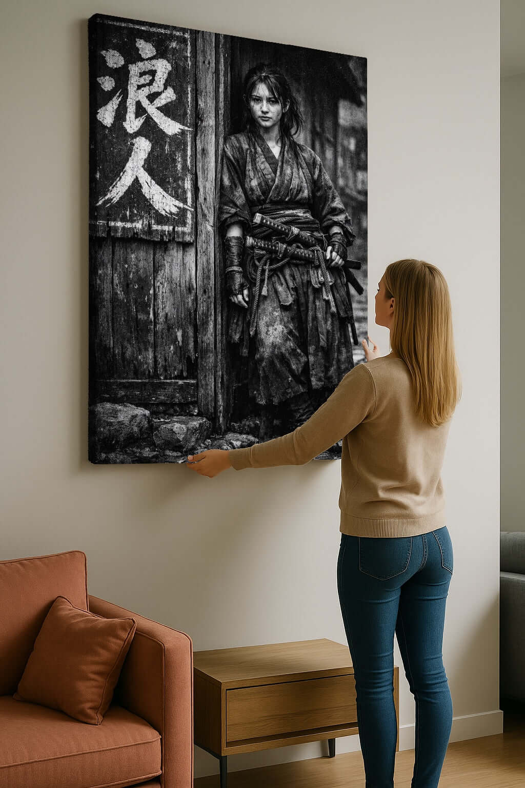Canvas Schilderij Vrouwelijke Samurai met Geest Kanji ophangen