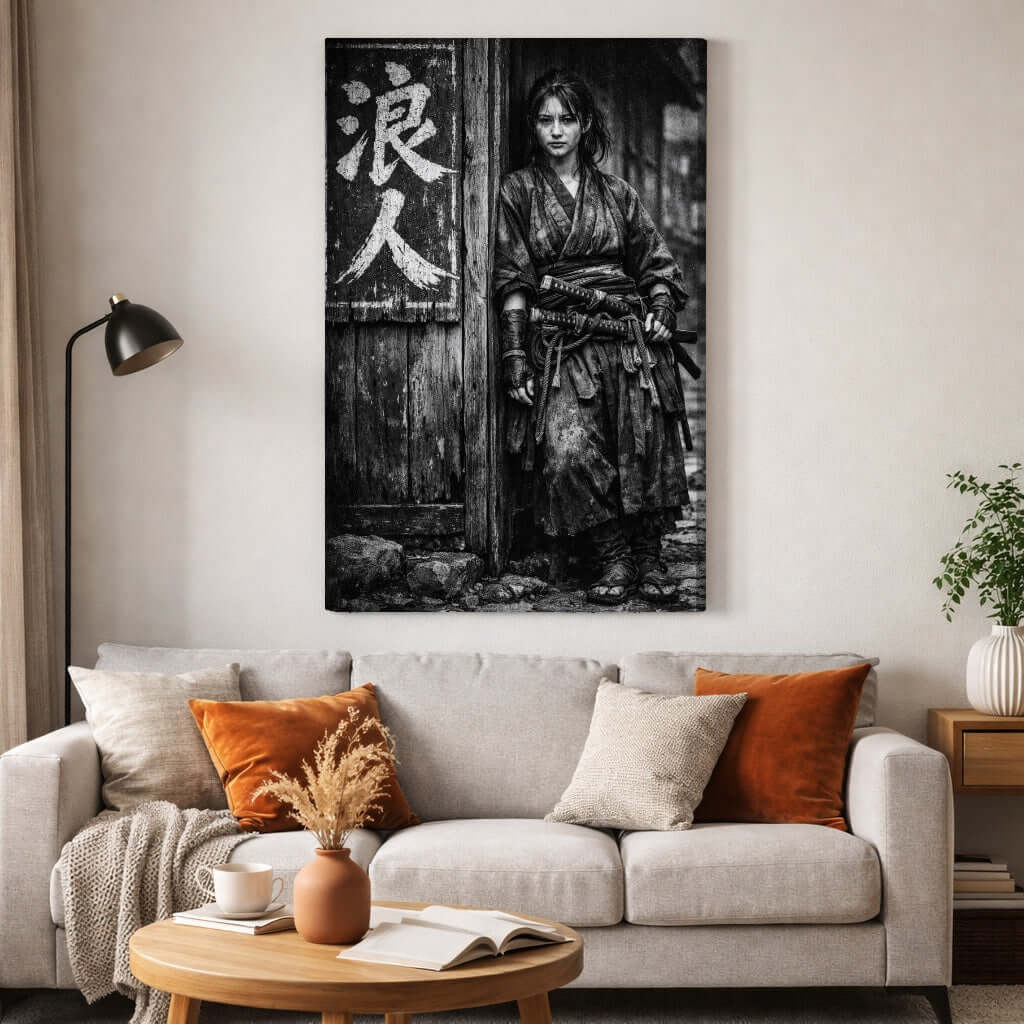 Canvas Schilderij Vrouwelijke Samurai met Geest Kanji woonkamer