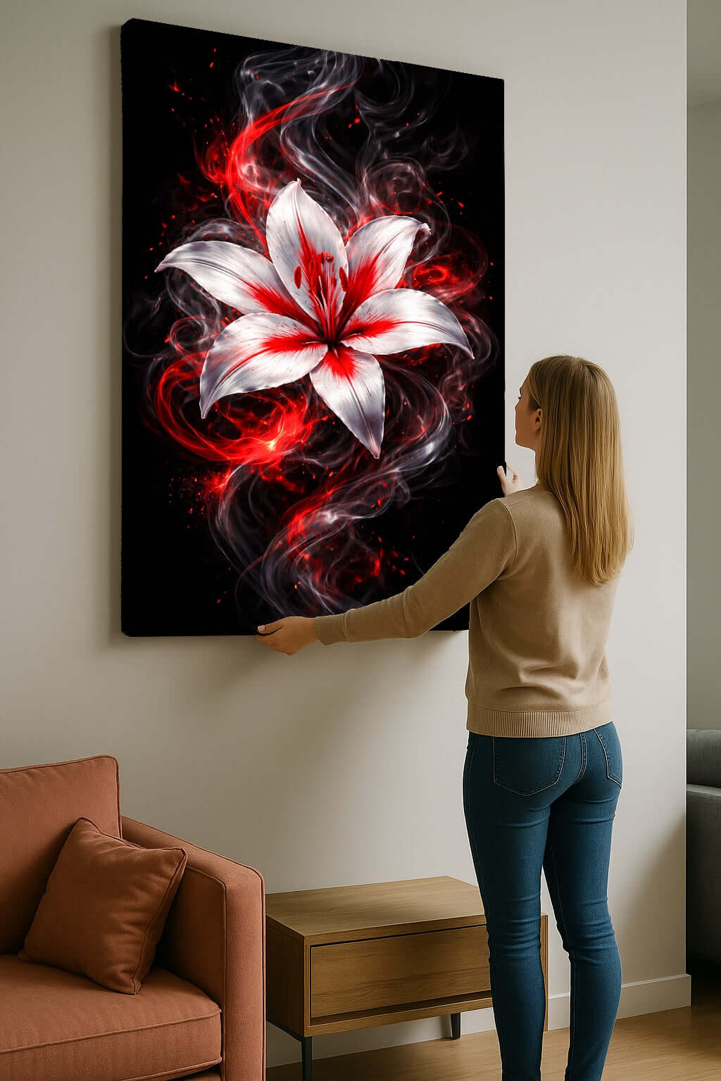 Canvas Schilderij Vuurrode Lelie op Zwart ophangen