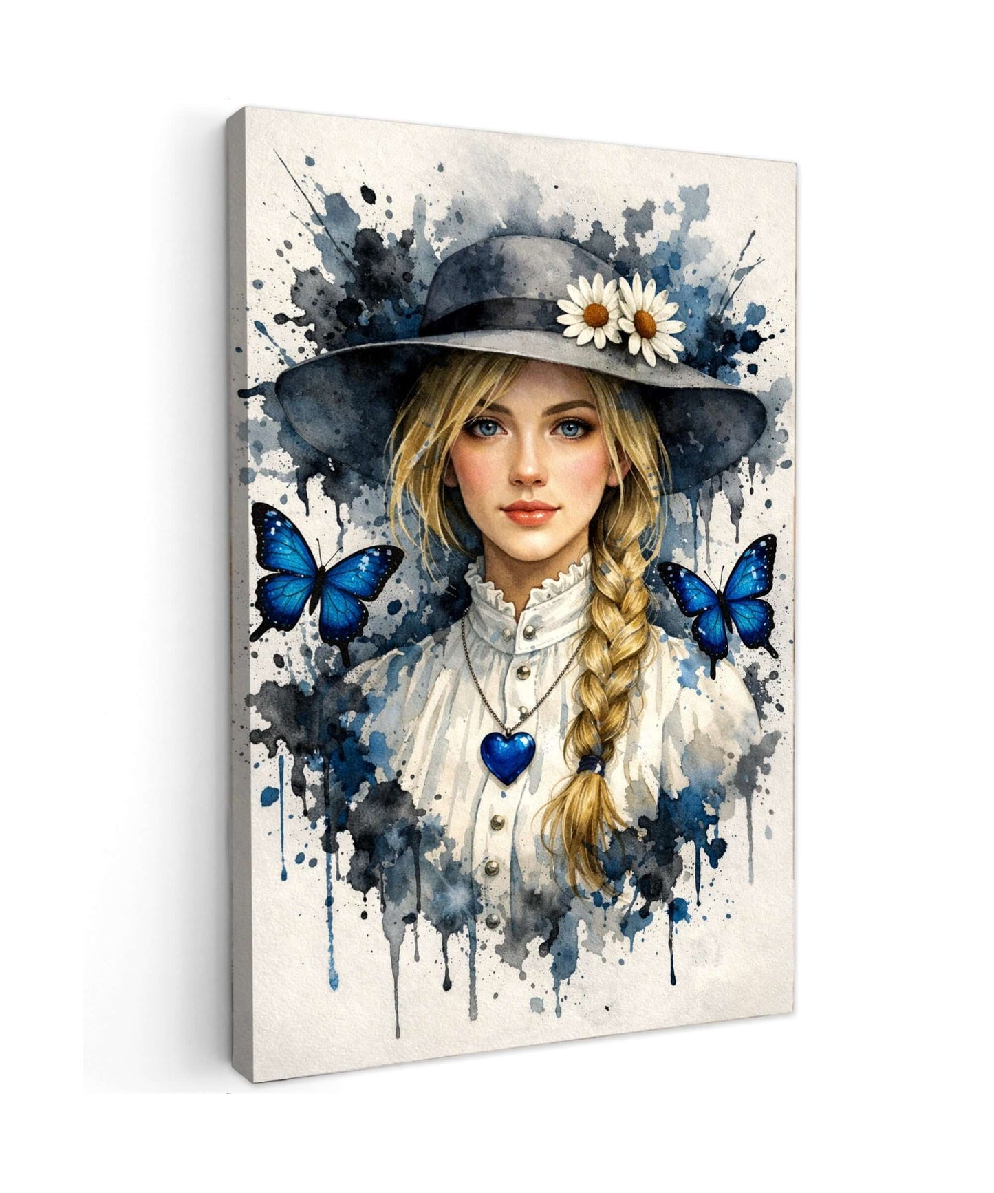 Canvas Schilderij Watercolor Portret Vrouw Hoed Butterflies
