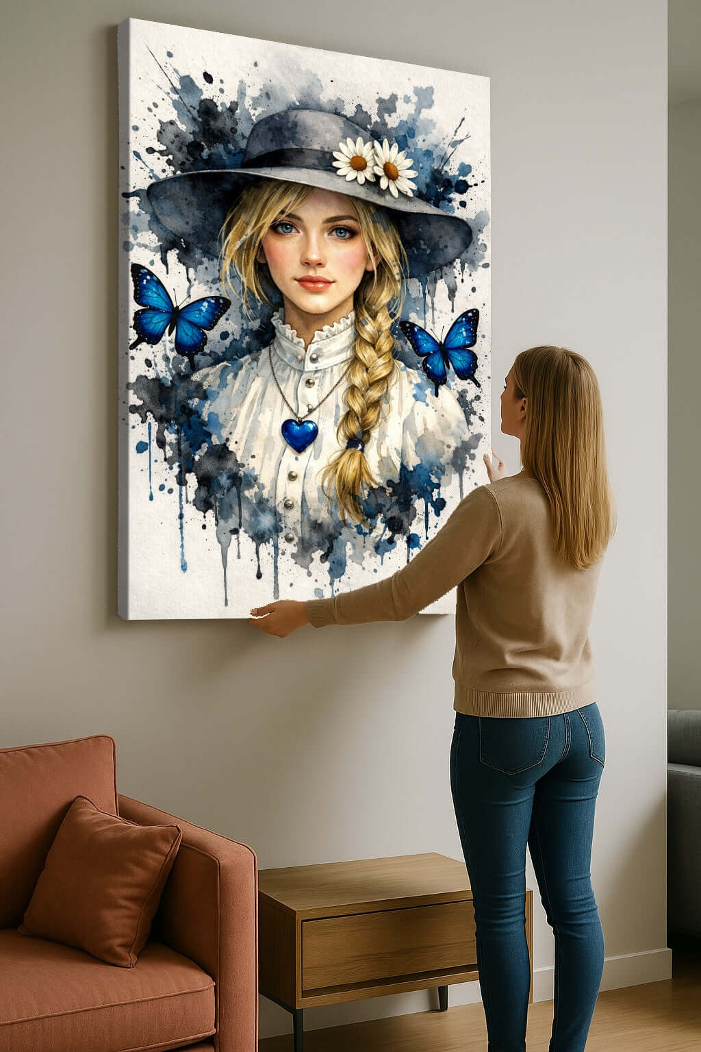 Canvas Schilderij Watercolor Portret Vrouw Hoed Butterflies ophangen