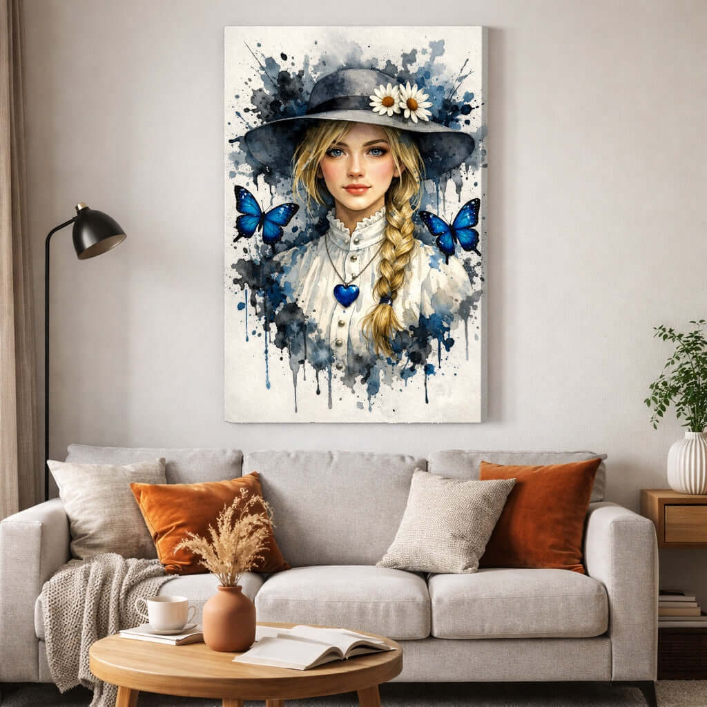 Canvas Schilderij Watercolor Portret Vrouw Hoed Butterflies woonkamer