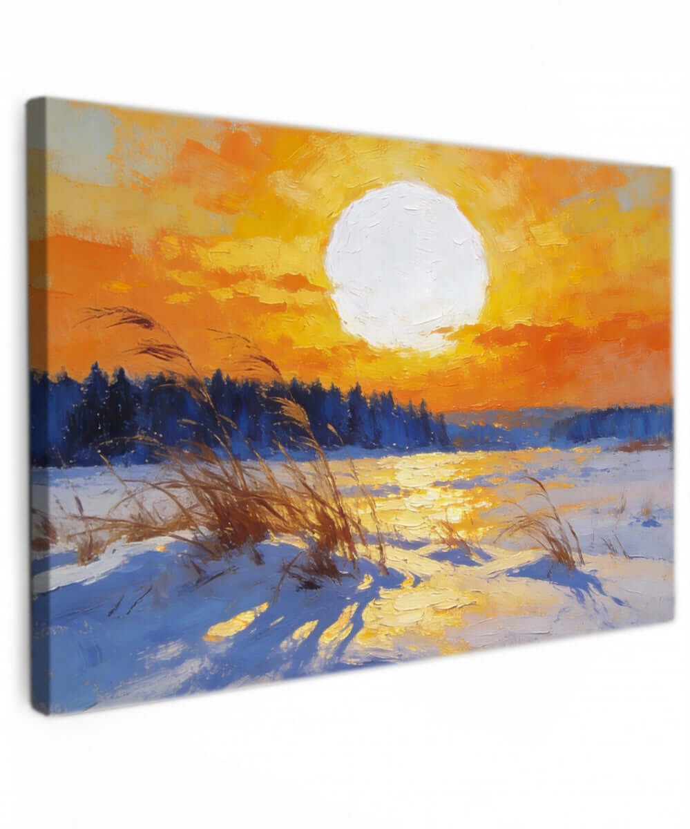 Canvas Schilderij Winter Sunset over Snowy Reeds