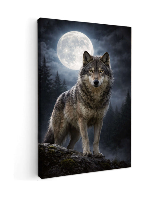Canvas Schilderij Wolf bij Volle Maan Mysterieus