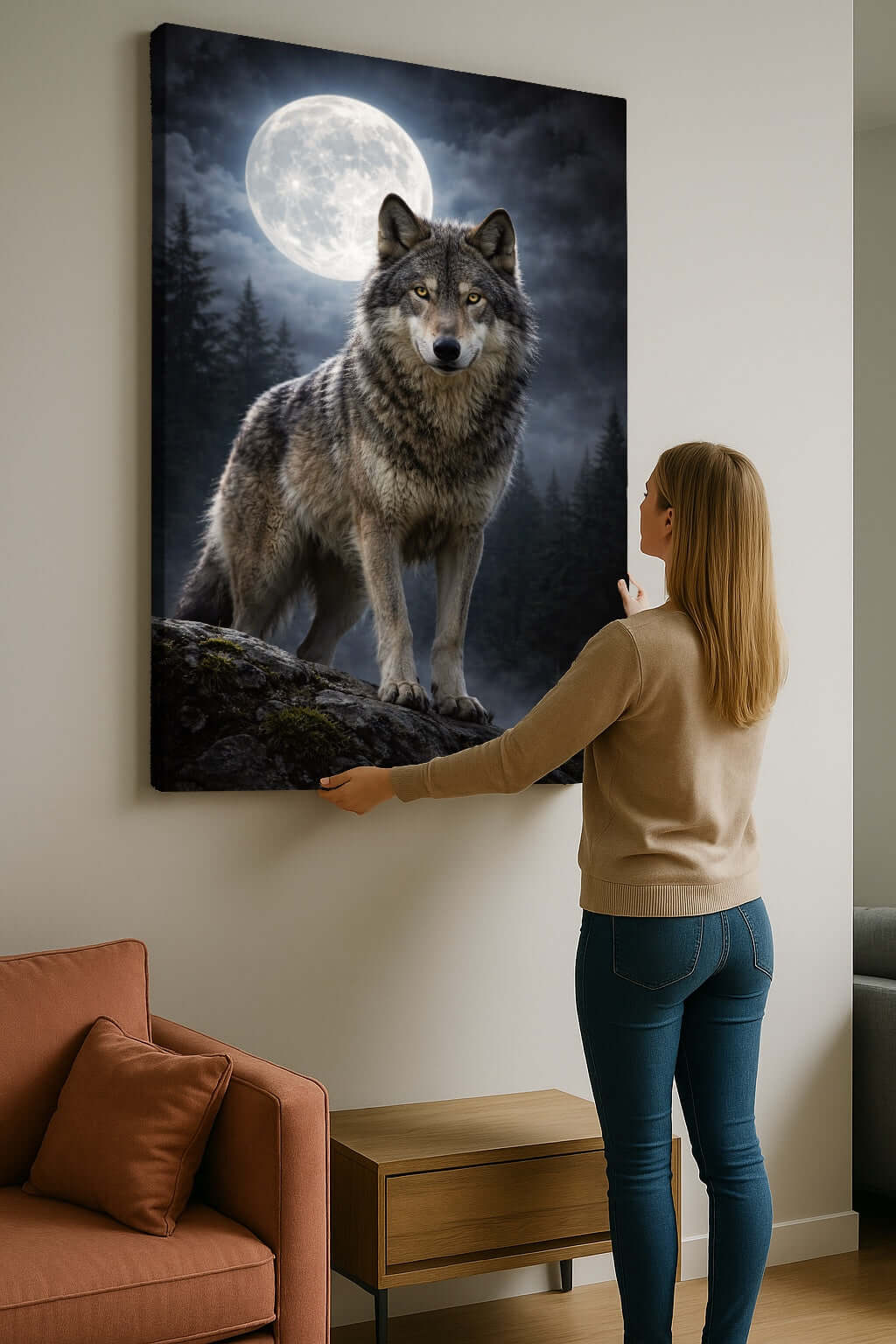 Canvas Schilderij Wolf bij Volle Maan Mysterieus ophangen