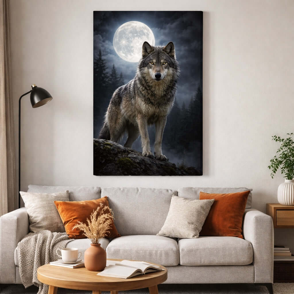 Canvas Schilderij Wolf bij Volle Maan Mysterieus woonkamer