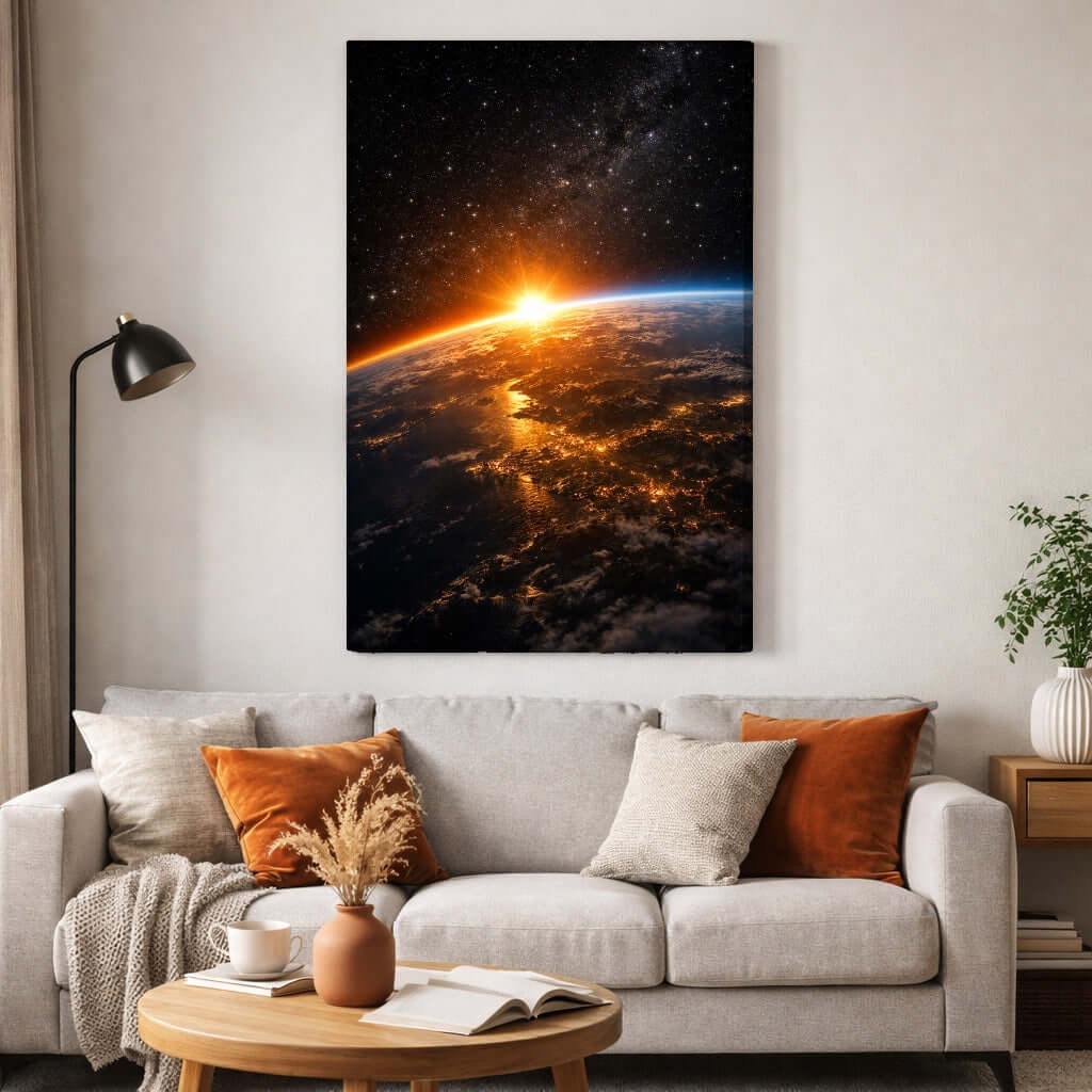 Canvas Schilderij Zonsopgang Aarde vanuit Ruimte