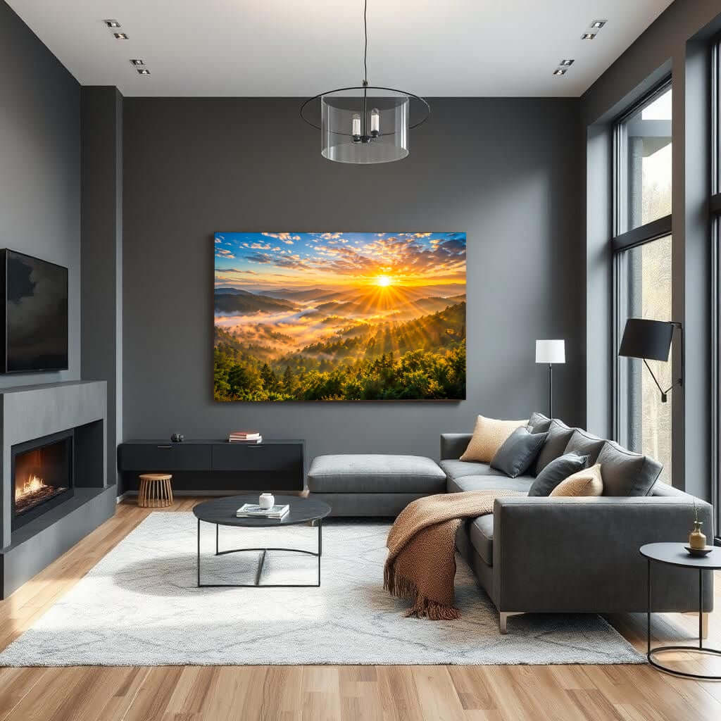 Canvas Schilderij Zonsopgang Bergen Mist woonkamer