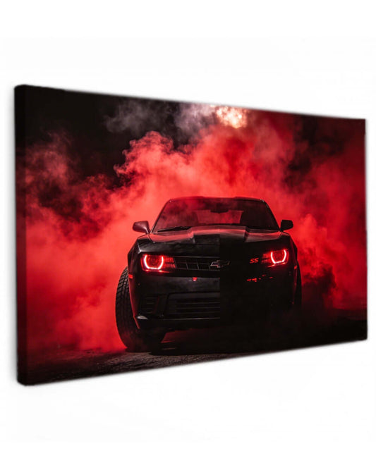 Canvas Schilderij Zwarte Chevrolet Camaro Rode Rook