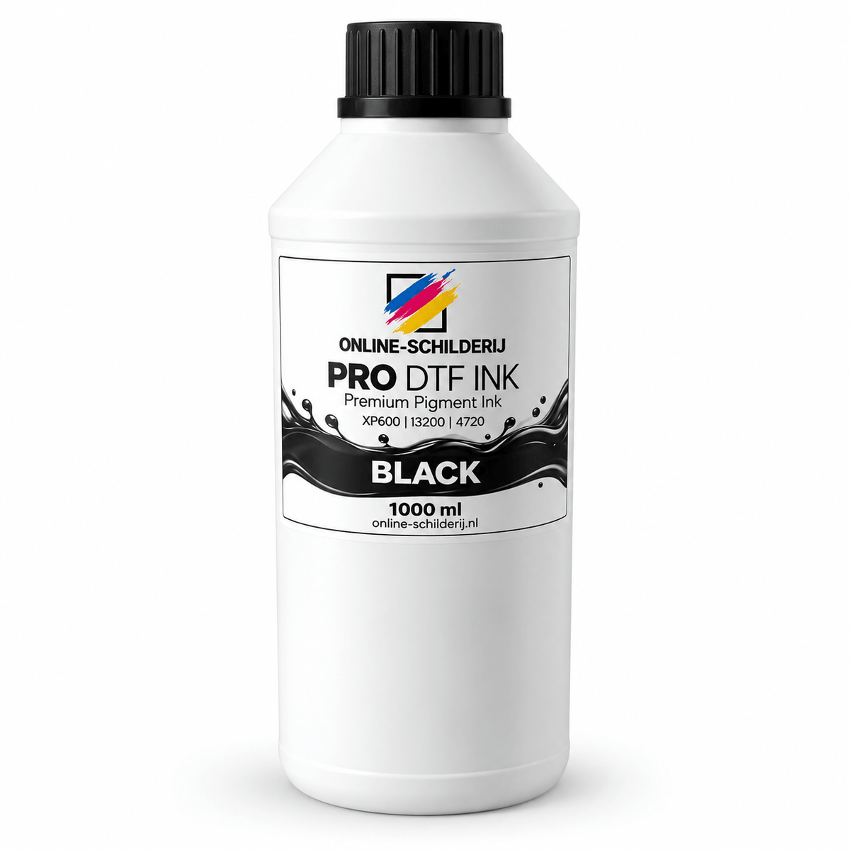 Online-Schilderij PRO DTF Inkt Zwart 1000 ml – Black Pigment Ink in een kunststof fles.
