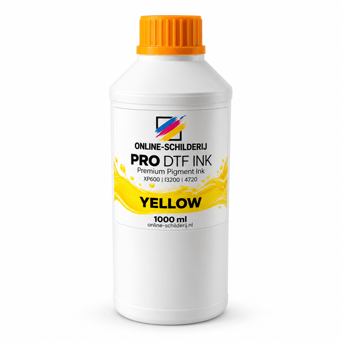 Online-Schilderij PRO DTF Inkt Geel 1000 ml – Yellow Pigment Ink in een fles met gele label.