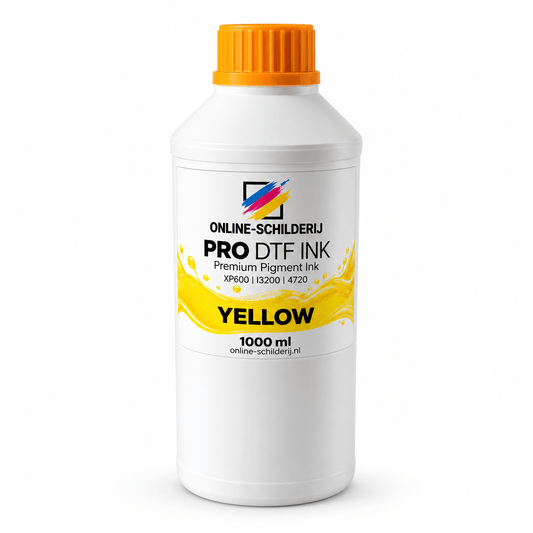 Online-Schilderij PRO DTF Inkt Geel 1000 ml – Yellow Pigment Ink in een fles met gele label.