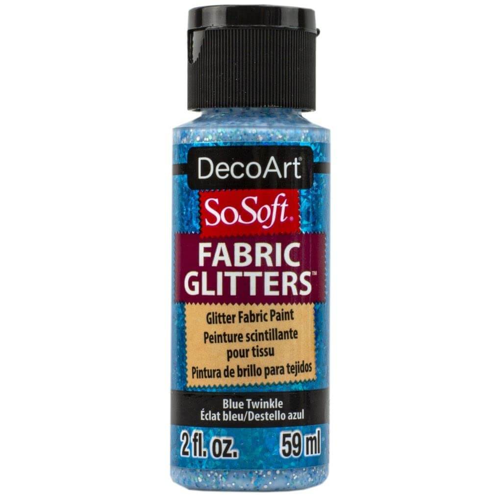 DecoArt SoSoft Glitters Blue Twinkle 59 ml – Blauwe glittertextielverf in fles met glinsterende blauwe verf.