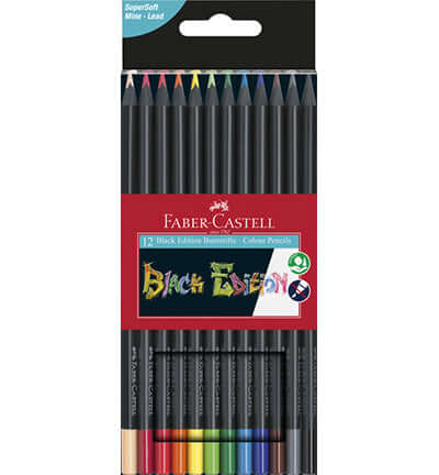 Faber Castell Black Edition – Kleurpotloden verpakking met 12 kleuren en SuperSoft kern voor rijke kleurafgifte.