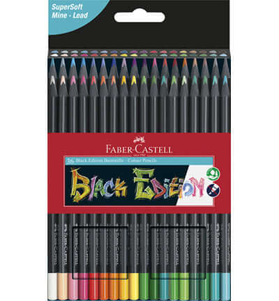 Faber Castell Black Edition set of 36 color pencils featuring SuperSoft cores for vibrant coloring and blending.