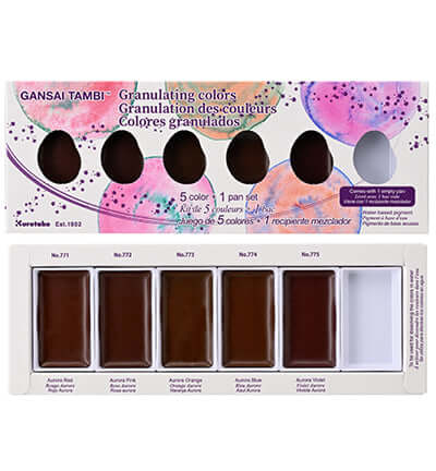 Gansai Tambi granulerende aquarelverf set met 5 kleuren en mengpanelen voor unieke kunsteffecten.
