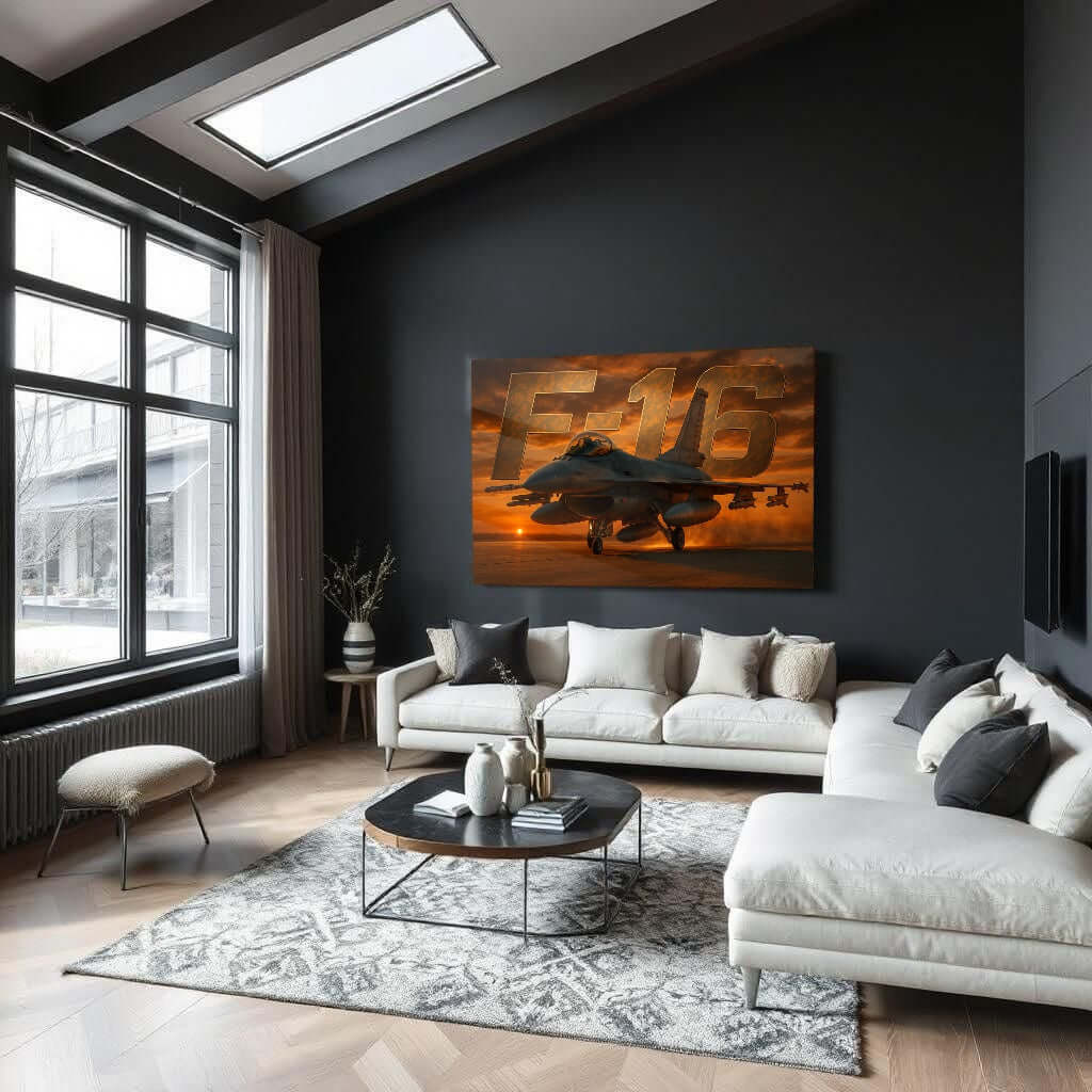 Glas Schilderij F16 Straaljager