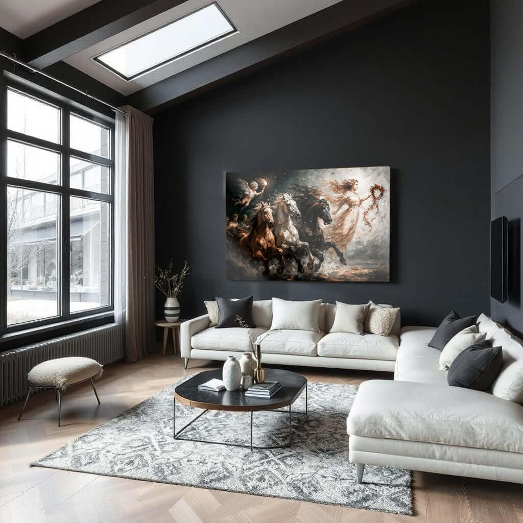 Glas Schilderij Godin met vurige paarden