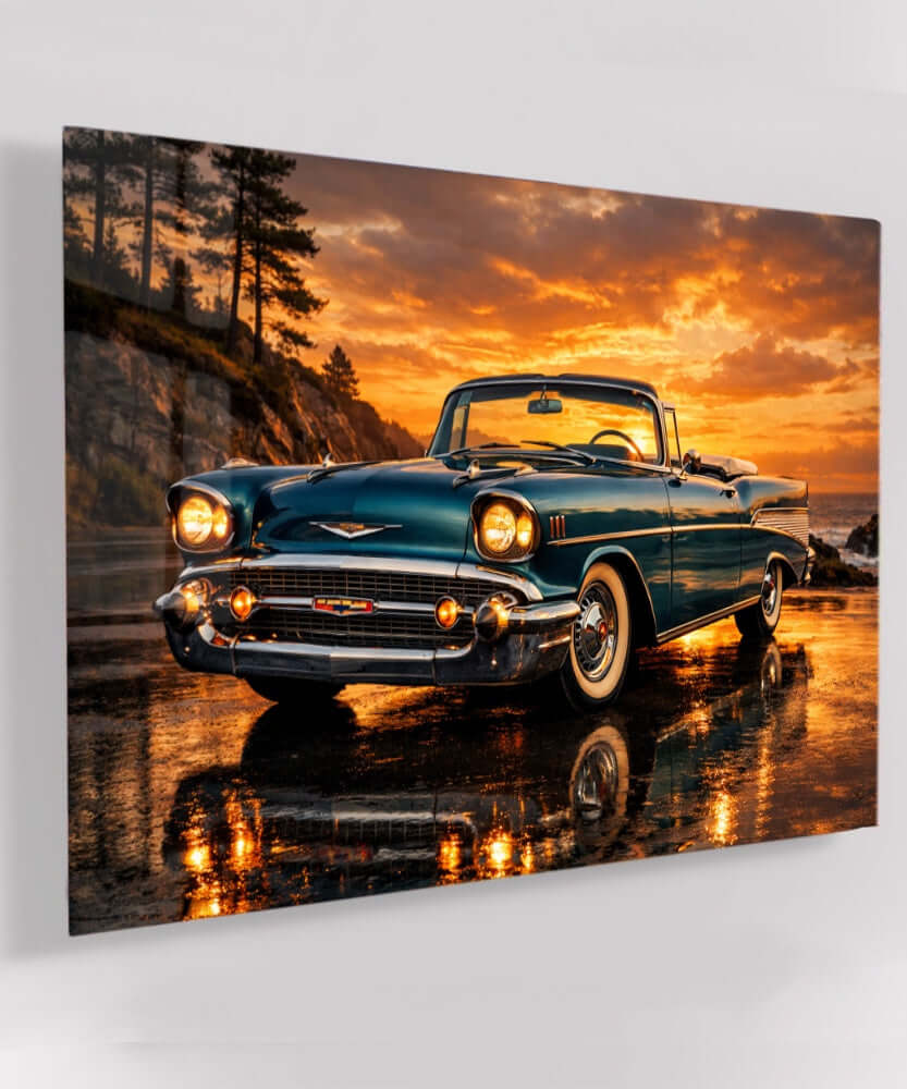 Glas Schilderij 1957 Chevrolet Bel Air Cabrio Zonsondergang Strand