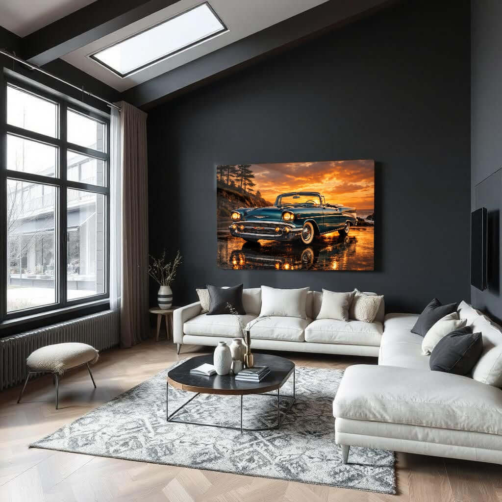 Glas Schilderij 1957 Chevrolet Bel Air Cabrio Zonsondergang Strand woonkamer