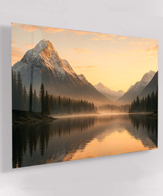Glas Schilderij Bergmeer bij Zonsopkomst