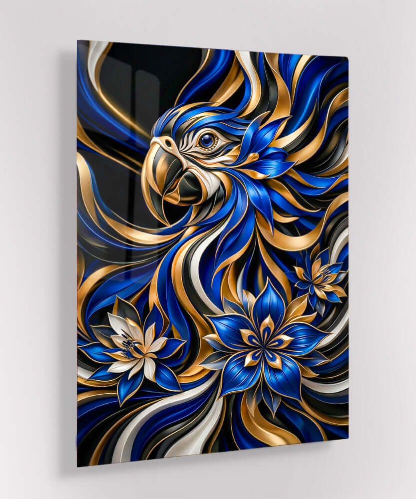 Glas Schilderij Blauwe Ara Papegaai met Gouden Lotus Bloemen