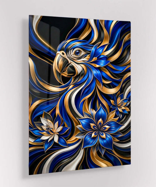 Glas Schilderij Blauwe Ara Papegaai met Gouden Lotus Bloemen