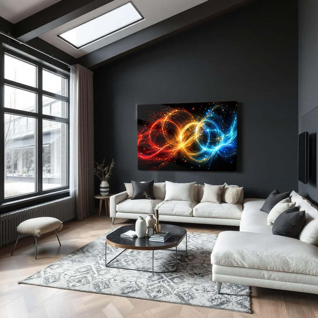 Glas Schilderij Dynamische Infinity Lichtenergie woonkamer