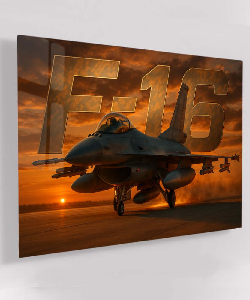 Glas Schilderij F16 Straaljager