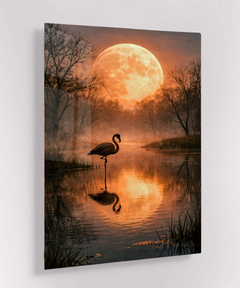 Glas Schilderij Flamingo Volle Maan