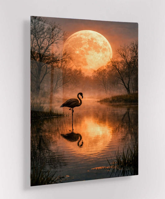 Glas Schilderij Flamingo Volle Maan