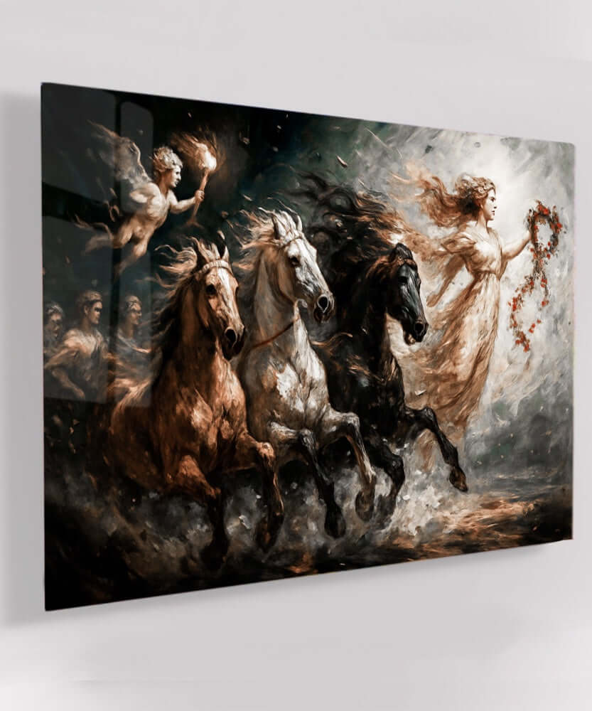 Glas Schilderij Godin met vurige paarden