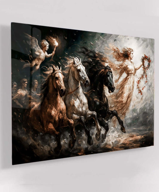 Glas Schilderij Godin met vurige paarden