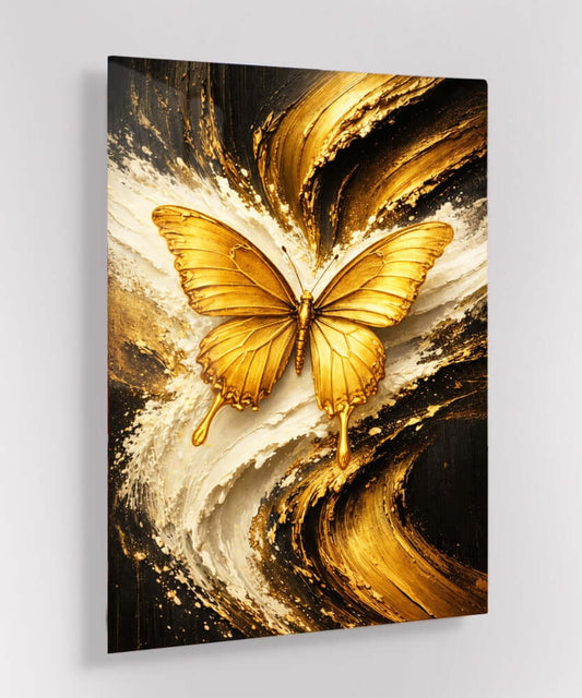 Glas Schilderij Gouden Vlinder Abstract