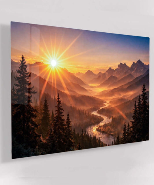 Glas Schilderij Gouden Zonsondergang Bergen