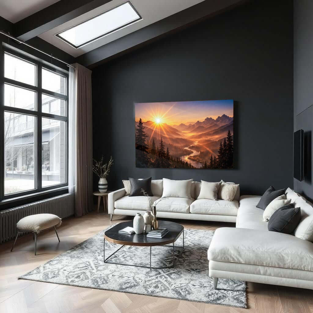 Glas Schilderij Gouden Zonsondergang Bergen woonkamer