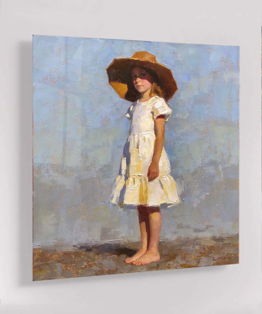 Glas Schilderij Kind met Grote Hoed