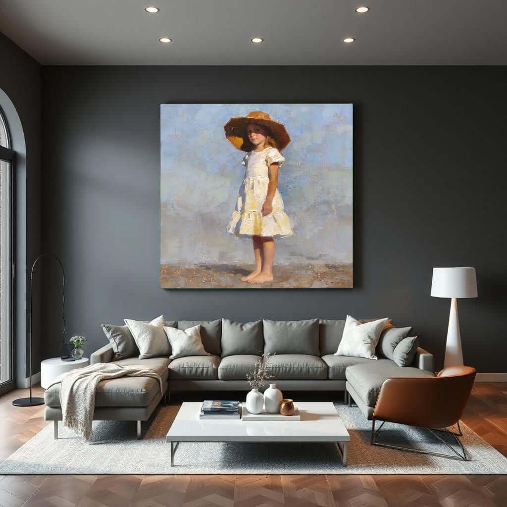 Glas Schilderij Kind met Grote Hoed woonkamer