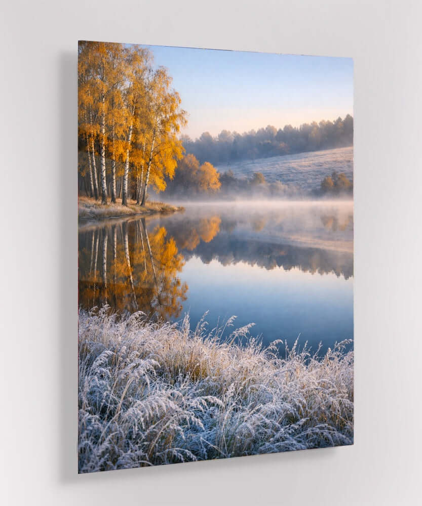 Glas Schilderij Landschap Berkenbos Mistig Meer