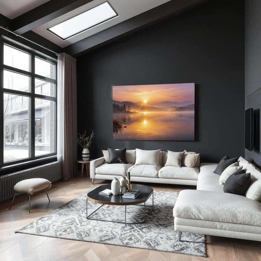 Glas Schilderij Mistig Gouden Licht woonkamer