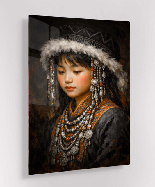 Glas Schilderij Mongools Meisje in Traditionele Klederdracht