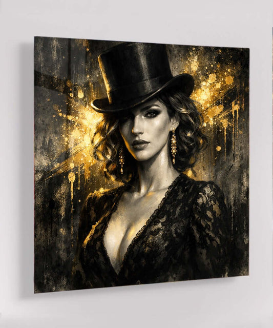 Glas Schilderij Mysterieus Gouden Vrouw Top Hat