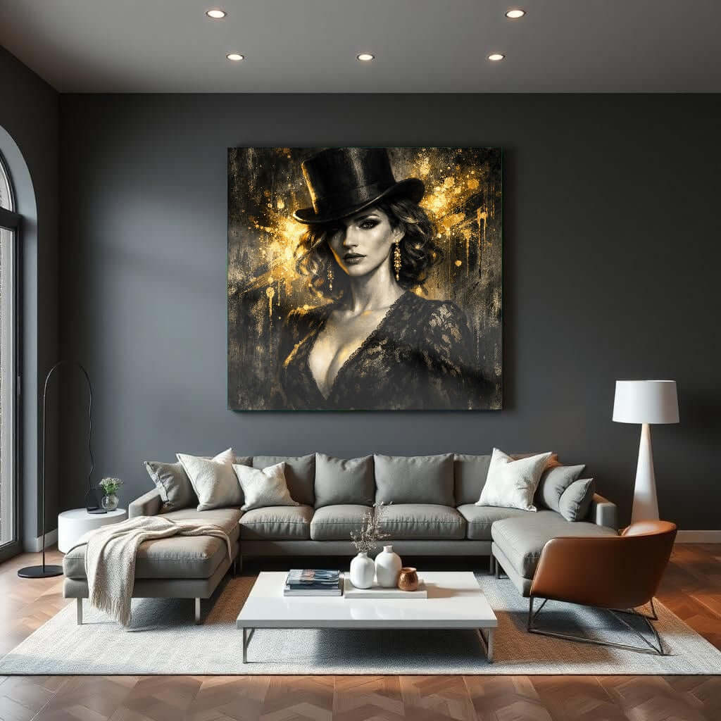 Glas Schilderij Mysterieus Gouden Vrouw Top Hat woonkamer