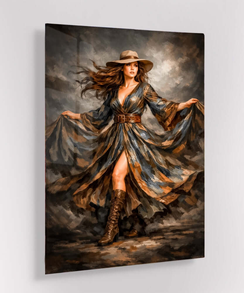 Glas Schilderij Mystieke Brunette Hoed Lange Jurk Wolken
