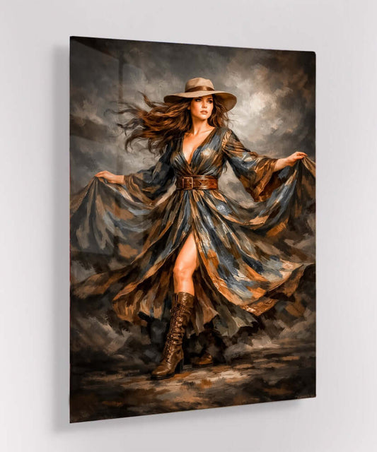 Glas Schilderij Mystieke Brunette Hoed Lange Jurk Wolken